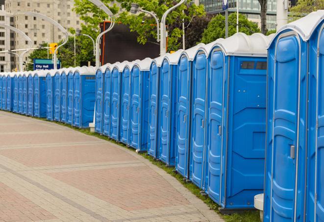 a fleet of portable restrooms ready for use at a large outdoor wedding or celebration in Anderson